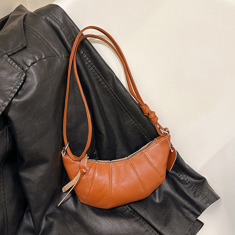 Cross-Border Croissant Bag For Women, Top Grain Cowhide Leather, Niche Versatile Underarm Dumpling Bag, Genuine Leather Neck-Hanging Single Shoulder Crossbody Bag - Thumbnail 4