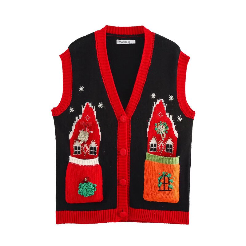 ZA cross-border women's clothing wholesale European and American style fashion simple Joker Christmas house design sense knitted vest 0021113