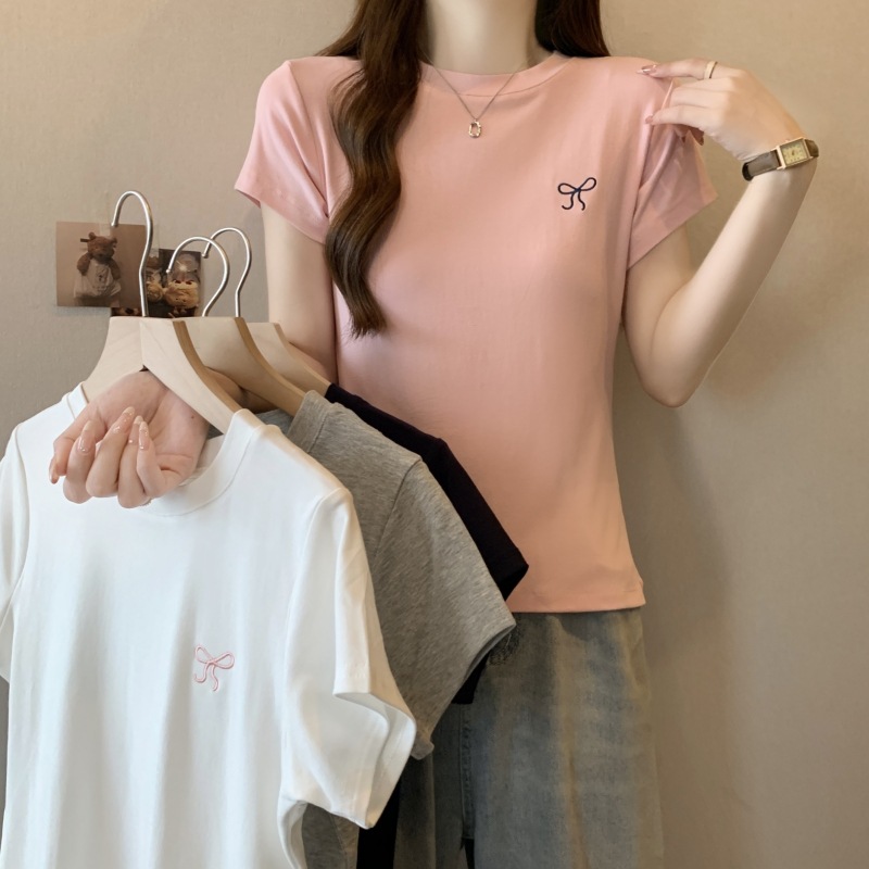 92棉夏季新款刺繡蝴蝶結設計感小個子短袖T恤女修身短款正肩上衣