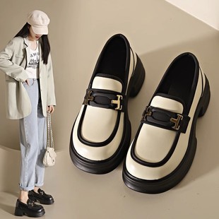 Thick bottom British style small leather shoes women's 2024 new spring and autumn thick heel fashion round toe slip-on casual loafers
