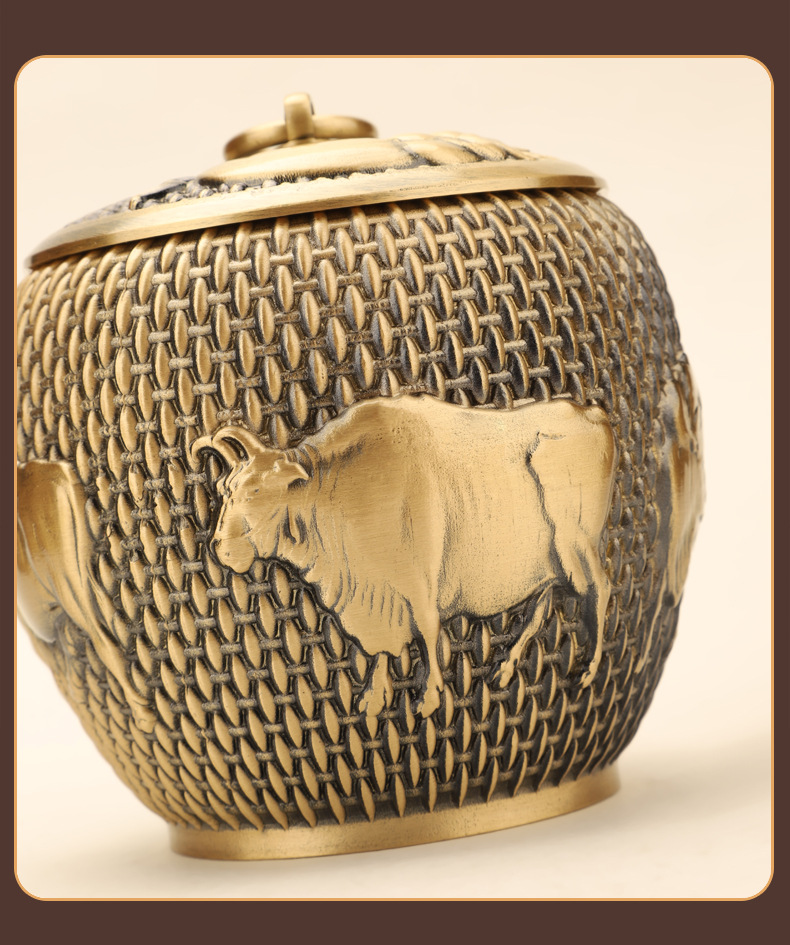 銅 細工 五運牛茶缶 茶道具 装飾品 工芸品 置物 Brass Pure Copper Tea Cans 黄铜五牛茶叶罐纯铜工艺品摆件古铜色铜