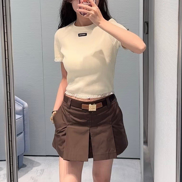 Nanyou High-End Fashion Women's Lace-Trimmed Knit Short-Sleeve T-Shirt, Cool and Sweet, Everyday Korean-Style Simple Design Nanyou High-End Fashion Women's Lace-Trimmed Knit Short-Sleeve T-Shirt, Cool and Sweet, Everyday Korean-Style Simple Design