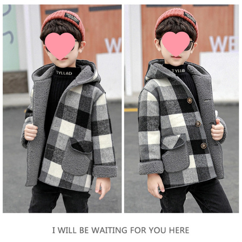 Boys' Checkered Wool Coat  Autumn/Winter New Trendy Medium and Small Children Baby Fleece Mink Jacket Fashion