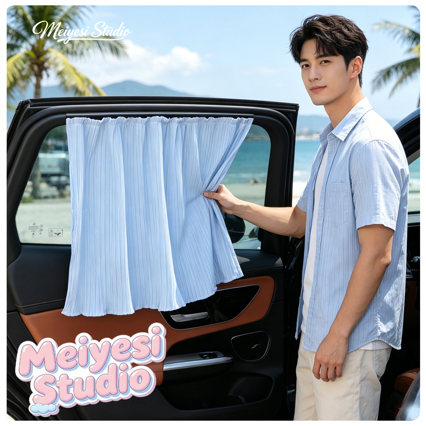 Summer Car Window Curtains, Pleated Fabric Sunshade Curtains, Creative Track-Style Blackout Curtains, Car Sun Protection and Heat Insulation Sunshades