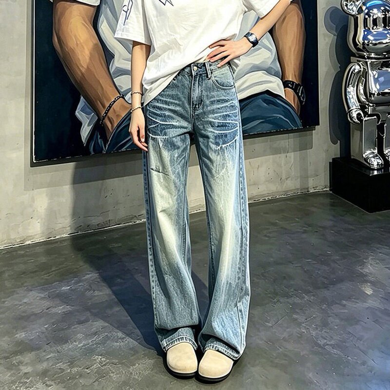 Heavyweight high street vibe washed straight-leg jeans for men, trendy American retro distressed drapey curved hem flared pants Heavyweight high street vibe washed straight-leg jeans for men, trendy American retro distressed drapey curved hem flared pants