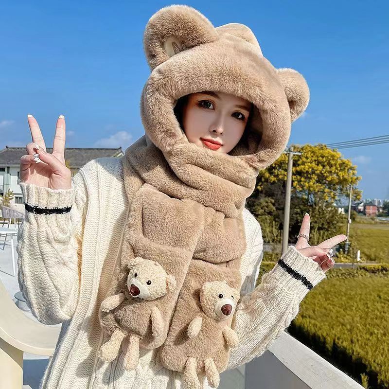 小熊帽子女冬季围巾手套一体三件套学生兔毛加绒加厚保暖毛绒帽子