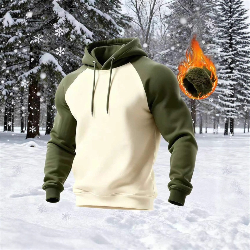 Monochrome Man- Foreign Trade European And American New Winter Casual Color-Blocked Men's Fleece-Lined Thick Pullover Hooded_voghion.com