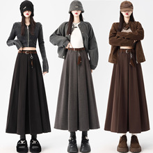 实拍 毛呢百褶中长款半身裙女2025秋冬新款高腰显瘦垂感a字长裙