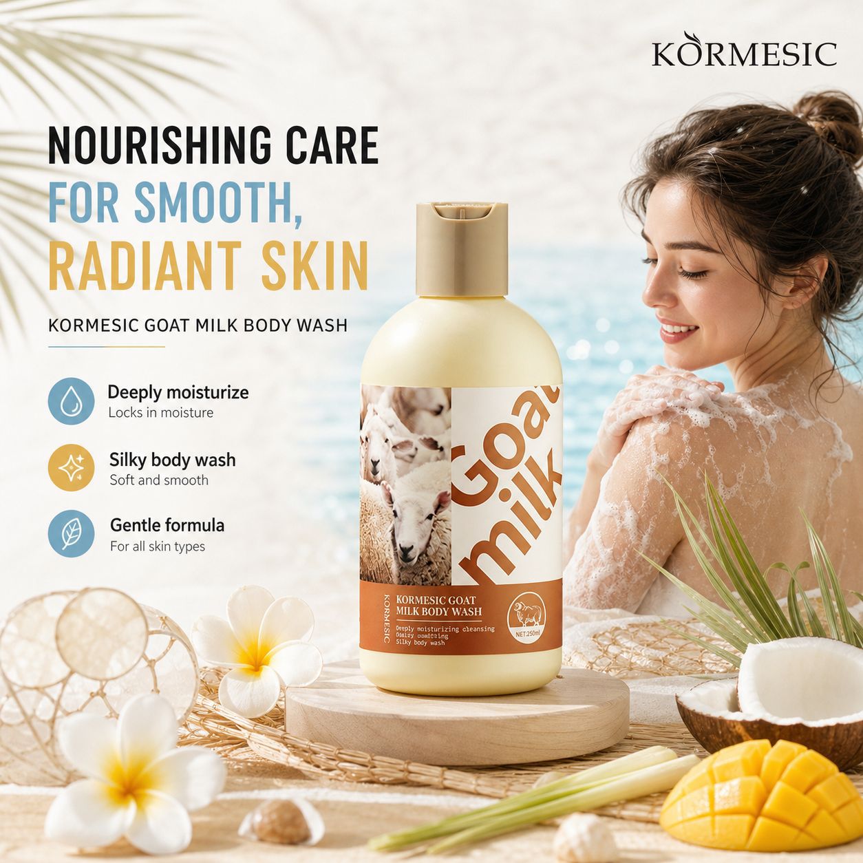 KORMESIC leche de cabra gel de ducha Inglés gran volumen fabricante de perfume al por mayor comercio exterior