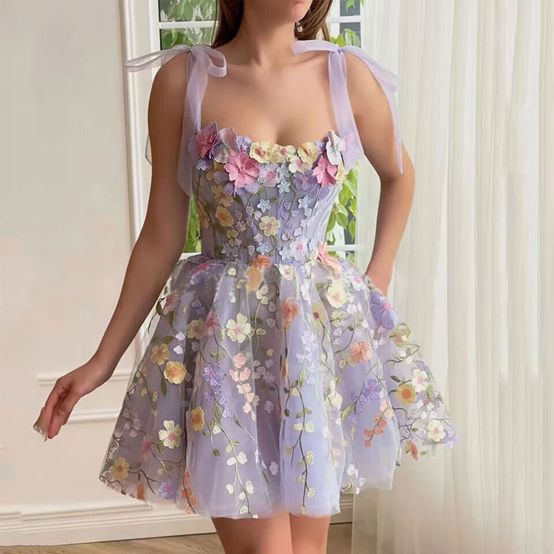 2025 ventas directas europeas y americanas transfronterizas Amazon ropa de mujer moda tridimensional bordado de flores bolso cadera sexy vestido de tirantes