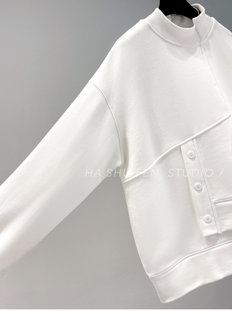 Women's Oversized Cropped Fleece Sweatshirt With Semi-turtleneck_voghion.com