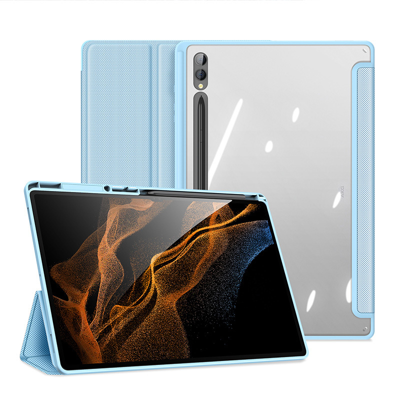 Aplicable a samsung TabS9Ultra tablet funda protectora acrílico transparente funda protectora tri-fold flip funda de cuero al por mayor