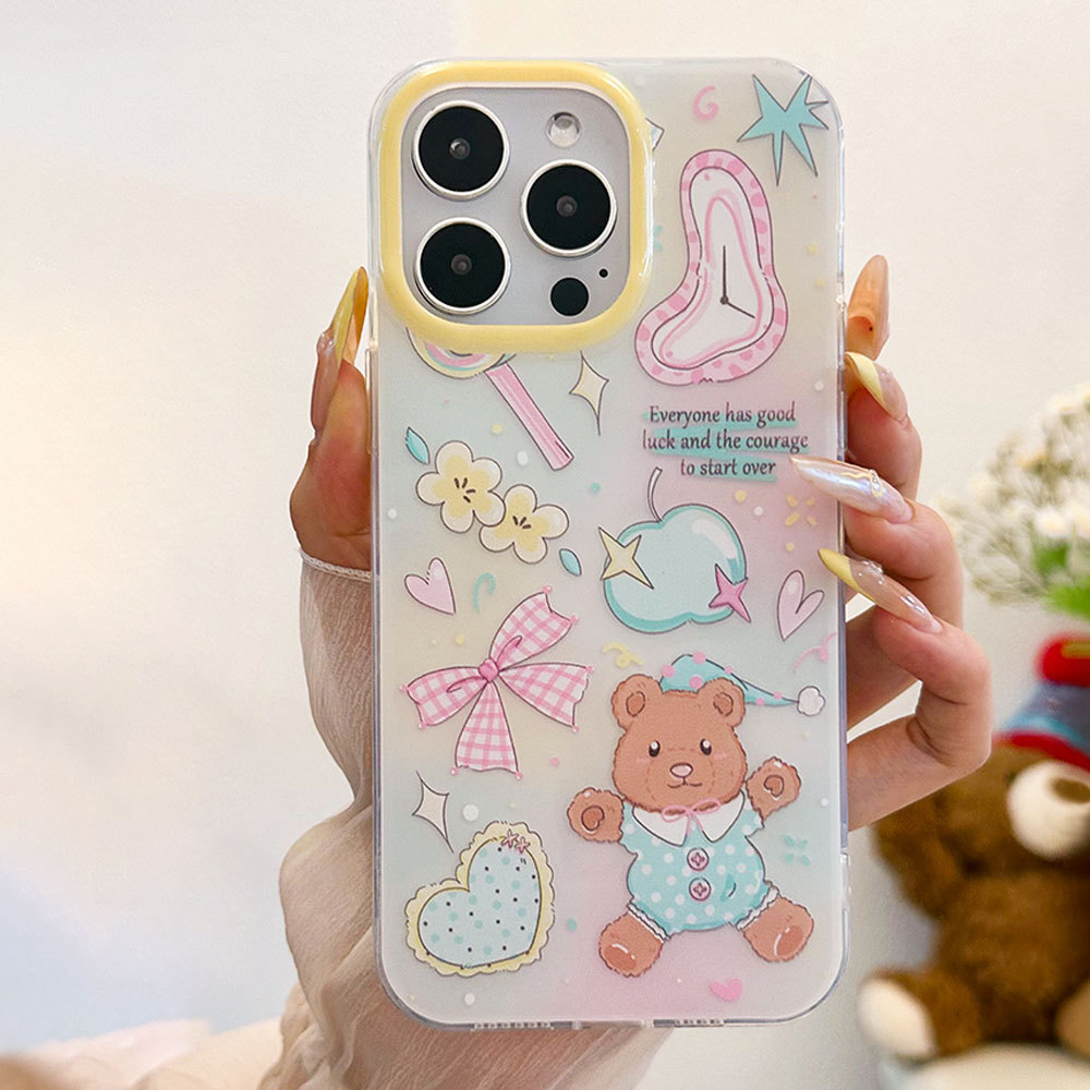 Custodia protettiva con cinturino con fiocco 3C Cartoon Bear compatibile con 16PM Cute 13 Phone Case 15 Pro_voghion.com