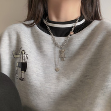 双层叠戴可活动镶钻小熊爱心钛钢项链女精致小众设计感百搭毛衣链