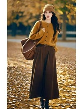 大码女装秋冬美拉德穿搭长袖针织开衫+高腰百褶半身裙气质两件套