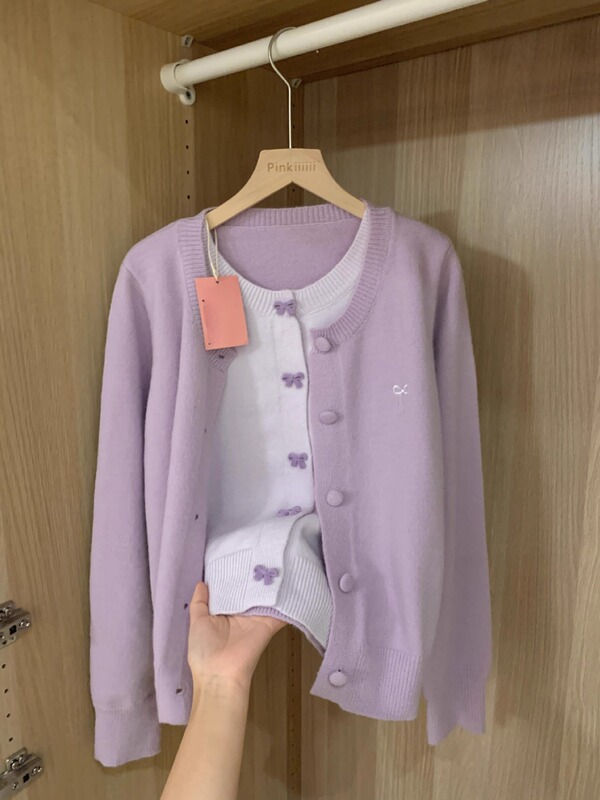 蝴蝶结紫色假两件针织开衫毛衣外套女春秋季2025新款别致绝美上衣|undefined