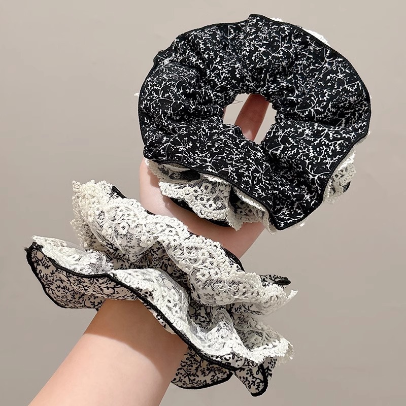 encaje retro flor de doble capa de anillo de cabello de intestino grueso temperamento femenino baja cuerda de cabello bola de cabello de cabello correa de correa