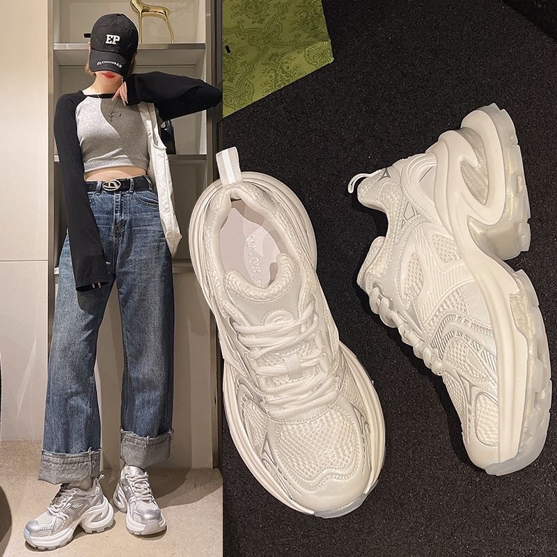 Blanco plateado, zapatos de suela gruesa para mujeres, primavera y verano de 2026, nuevos zapatos de nicho de malla transpirables para mujeres