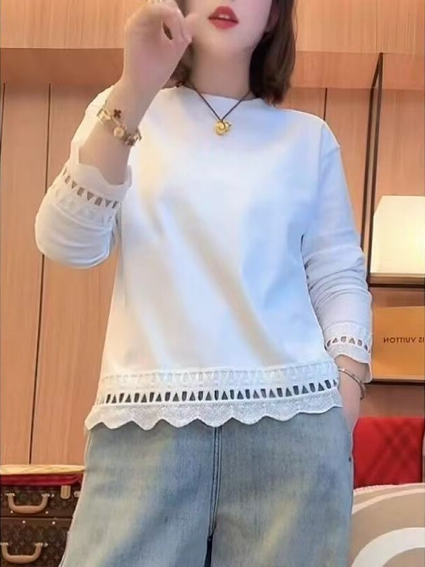 Derong 220g Lace Splicing Long-Sleeved T-Shirt Women's Large Size 20 Bottoming Shirt, Stylish and Chic Top