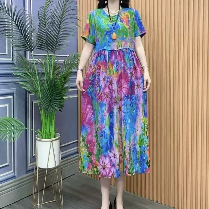 2025妈妈装夏季新款碎花气质洋气时尚大码遮肚宽松连衣裙*660-5