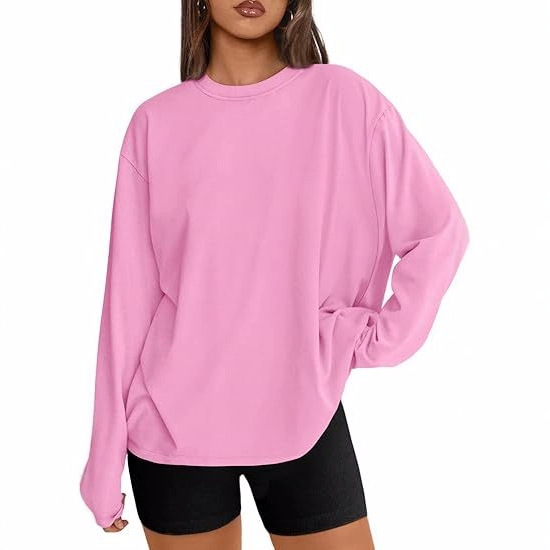 In Stock 2025 European and American Cross-Border Women's Oversized Long-Sleeve T-Shirt, Fashionable Casual Basic Style, Round Neck Autumn Top