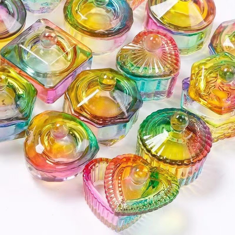 Vaso de Cristal para Manicura con Tapa Cristal Blanco Aurora Multicolor para Salón de Uñas