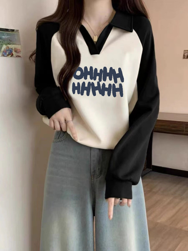 棉质美式Polo领卫衣女秋冬大码打底衫胖mm插件长袖正肩设计感上衣|undefined