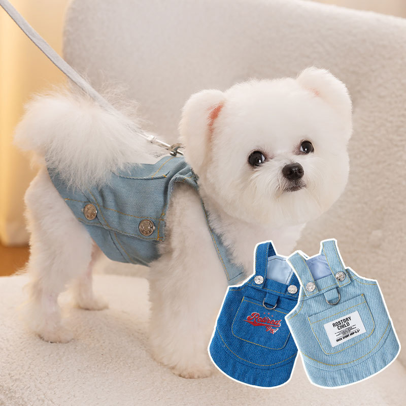 Otoño e invierno perro bolsillo Denim falda de tirantes mediano y pequeño perro de dos patas gato vestido de mascota estilo princesa ropa