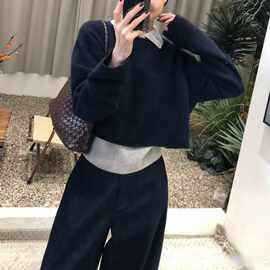 韩系叠穿 秋冬慵懒感撞色减龄POLO领2025短款长袖背心两件套毛衣