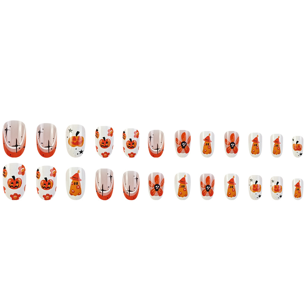 Europa y América venta caliente naranja borde de moda manicuras falsas flores de la noche estrellada manicuría manicuras calabazas Halloween usar uñas image 6