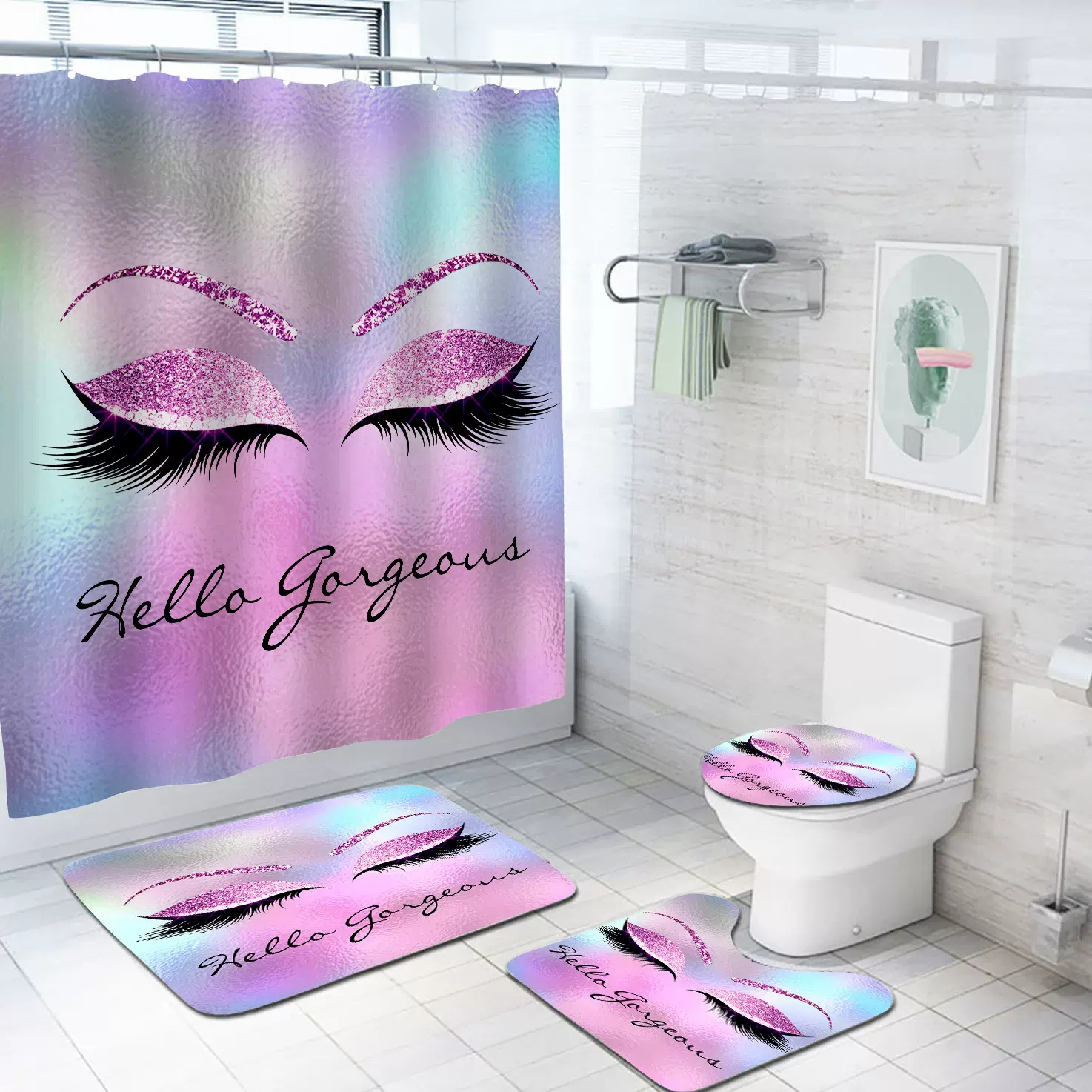 跨境亚马逊 数码印花涤纶浴帐浴室 浴帘四件套 来图制作 源头厂家