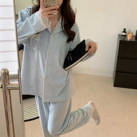 2026新款冬季烫银蓝色简约海岛绒女睡衣家居服