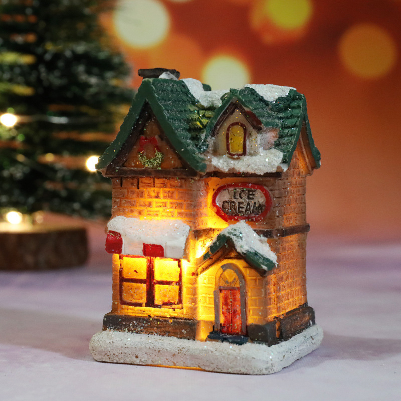 クリスマス新作装飾樹脂製ライト付きミニハウス クリスマスマイクロランドスケープ レトロ装飾置物ギフトライト|undefined