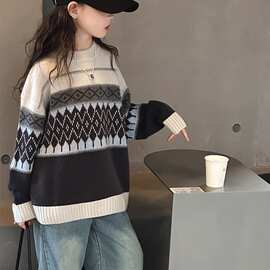 女童毛衣2024新款韩版儿童套头菱形针织衫女孩中大童秋冬季打底衫