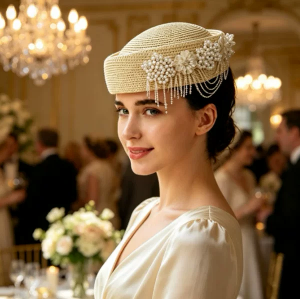 Hepburn-style vintage beaded tassel small hat, spring and summer woven bridal hat, photo studio makeup styling accessory, hair accessory