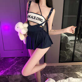 辣妹装情趣内衣单肩抹胸学院风背带裙制服纯欲性感睡衣免脱套装