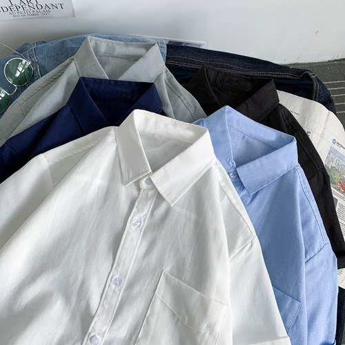 Summer port style ins color half-sleeve shirt with collar for boys Korean version trend couple five-finger short-sleeved undershirt 