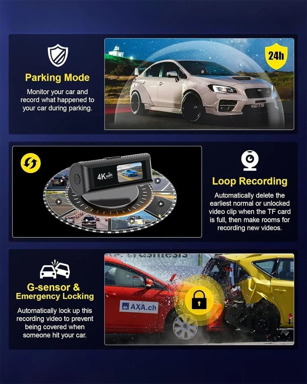 Cross-Border 4K Driving Recorder Front and Rear Dual Camera Wifi Ultra-High Definition Night Vision 24H Parking Monitoring Gps Reversing Image