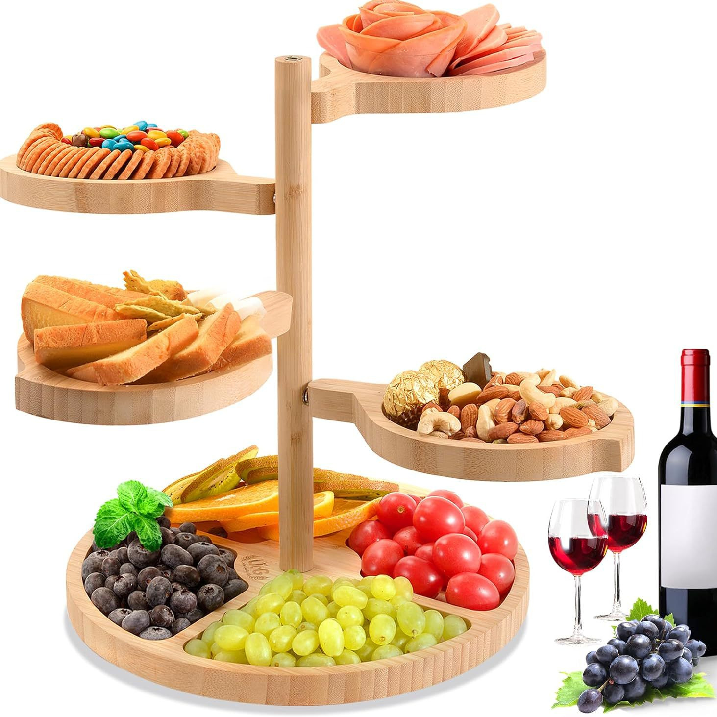 Customizable Bamboo Rotating 3-Tier Cheese and Snack Tray
