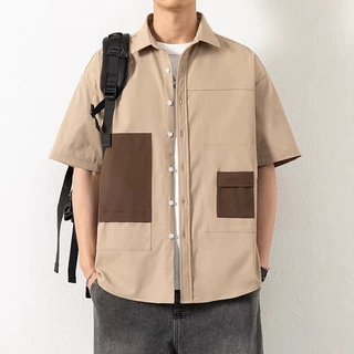 日系复古拼色短袖衬衫男女夏季新款宽松休闲撞色拼接工装短袖衬衫