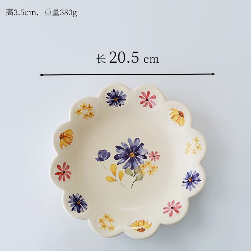 韩式碎花花边陶瓷盘甜品盘蛋糕盘釉下彩高颜值彩色菊皿早餐盘|undefined