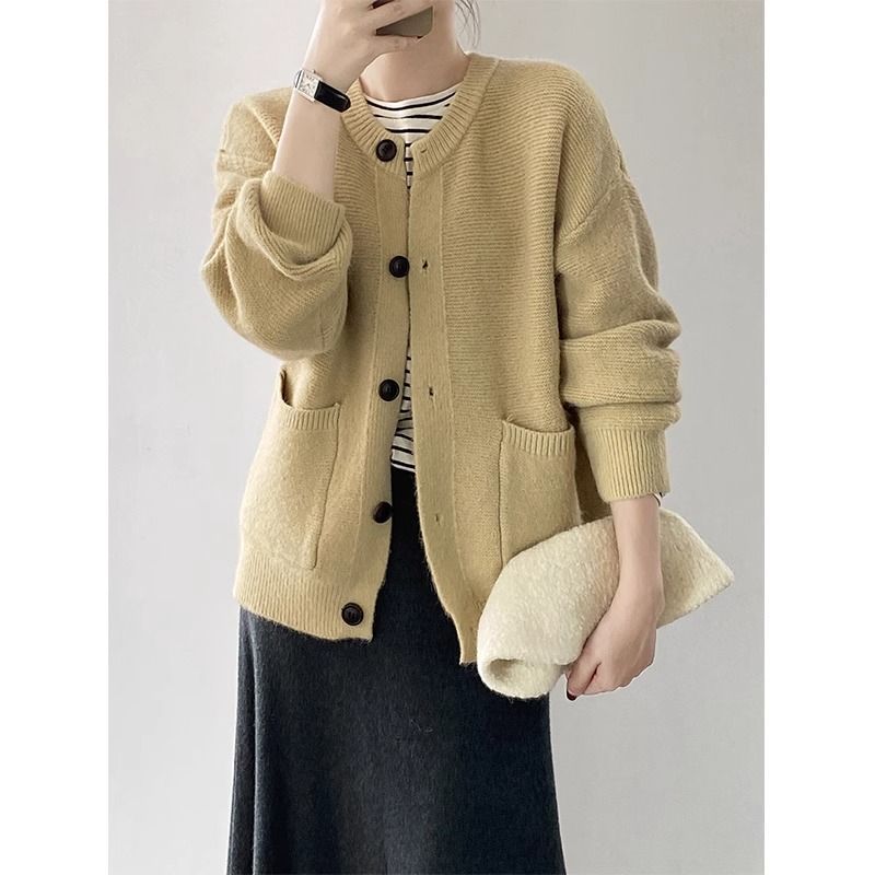 Einfarbig pullover jacke für frauen, mid zu lange stil, 2024 frühling herbst neue artikel, rundhals gestrickte strickjacke, lose_voghion.com