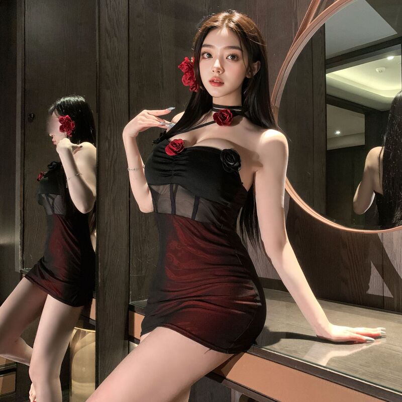 Ai Ruru Sexy Lingerie, Light and Thin Themed Clothing, One-Shoulder Contrasting Color Rose Mesh, Sexy and Charming, Mature Woman 5653