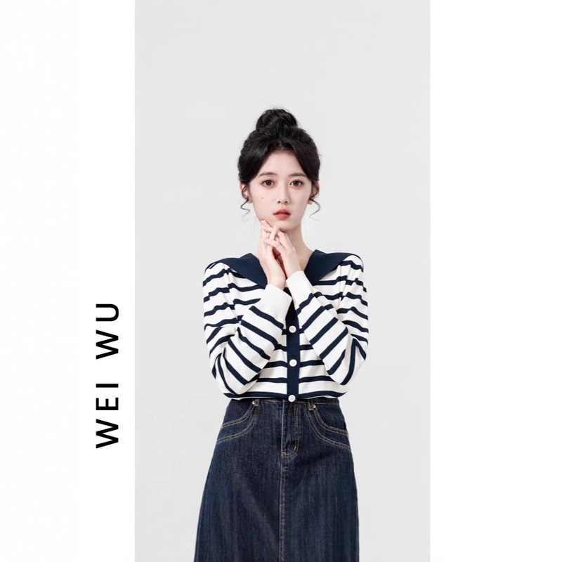 Navy Collar Blue Stripesd Knitted Cardigan for Women Spring & Fall 2025 New Contrast Color V-Neck Thin Long-Sleeved Jacket Top