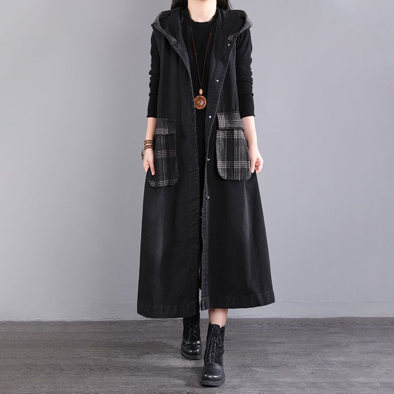 Vest Women's Spring and Autumn 2024 New Loose plus size Slim Jacket Black Casual Hooded Long Vest