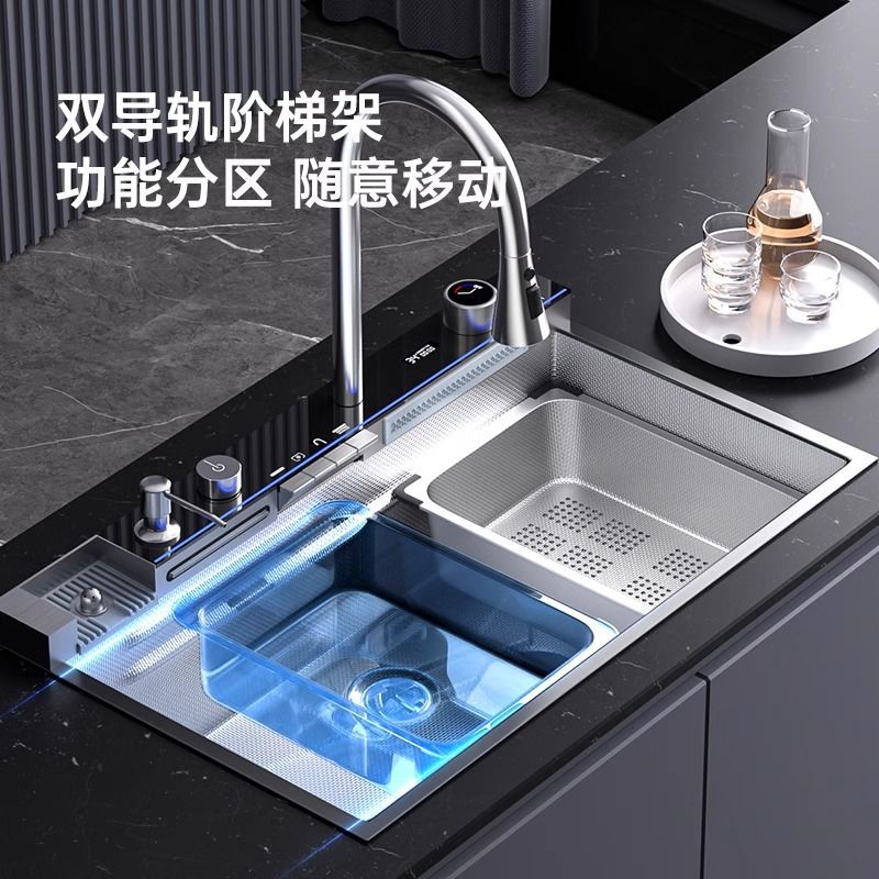 Silver Whale Waterfall Fregadero 304 Acero inoxidable Color primario Hogar Pantalla digital multifuncional Cocina Gran lavabo de un solo tanque