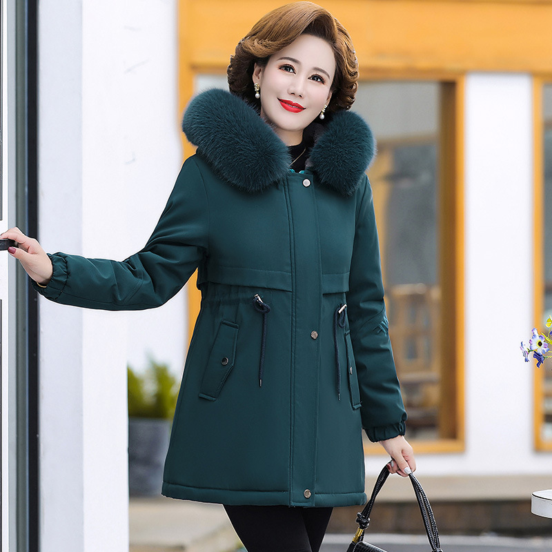 Parker Mom Women's Winter Waist Cotton Velvet Thickened Fur Collar Hooded Mid-Length Waterproof Cotton Jacket