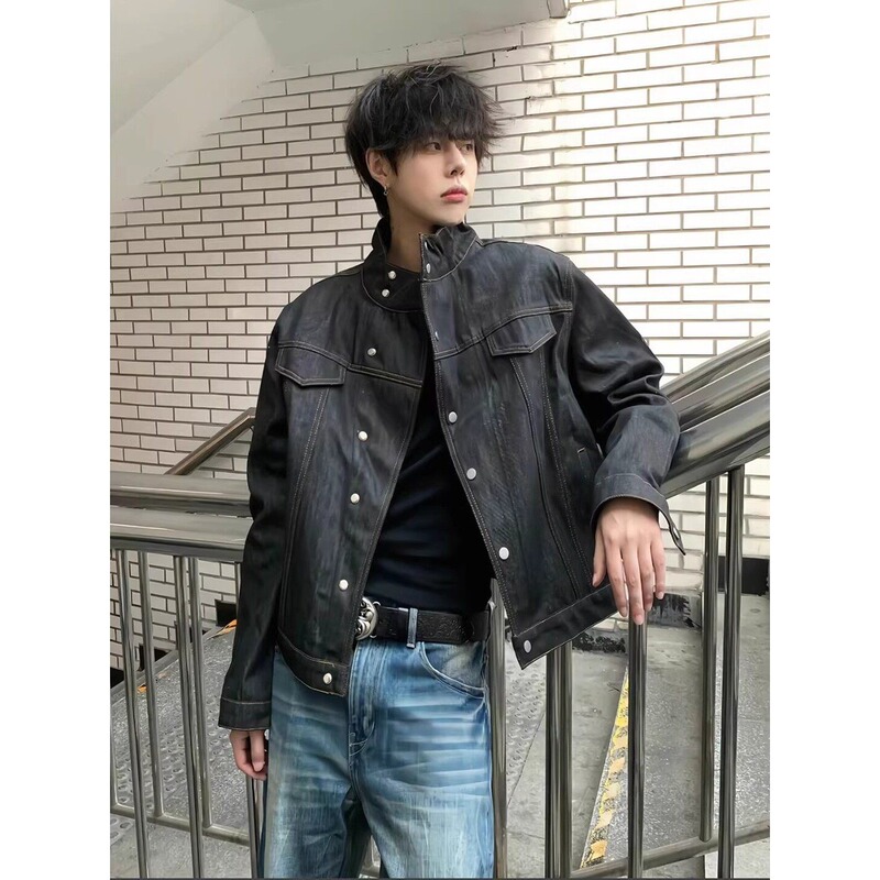 Black Raw Denim Stand-Collar Denim Jacket for Men, Spring American-Style Washed Short Denim Jacket, Cleanfit Workwear Jacket