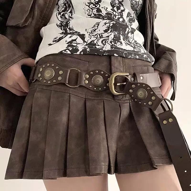 Personalized American-Style Y2K Retro Studded Belt for Women, Bohemian Ethnic Style Western Cowboy Belt, Versatile Coffee Color