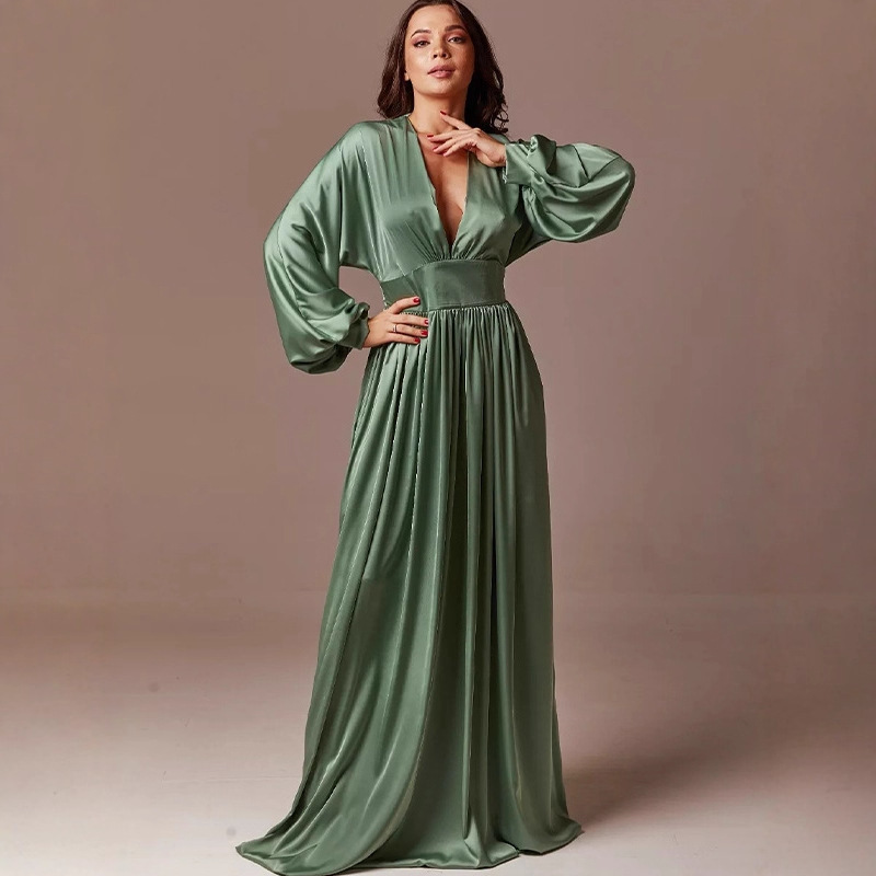 Cross-Border European and American Elegant Fashion Style Pleated Lantern Sleeve Gown with a High-End Feel, V-Neck Long Satin Maxi Dress